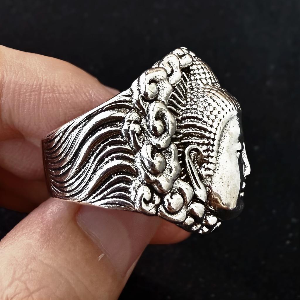 Anello Grande Aperto Retro Vairocana Buddha Per Uomini Rame Placcato Argento Punk Gotico Edgy Accessori Buddismo Benedizione Regalo