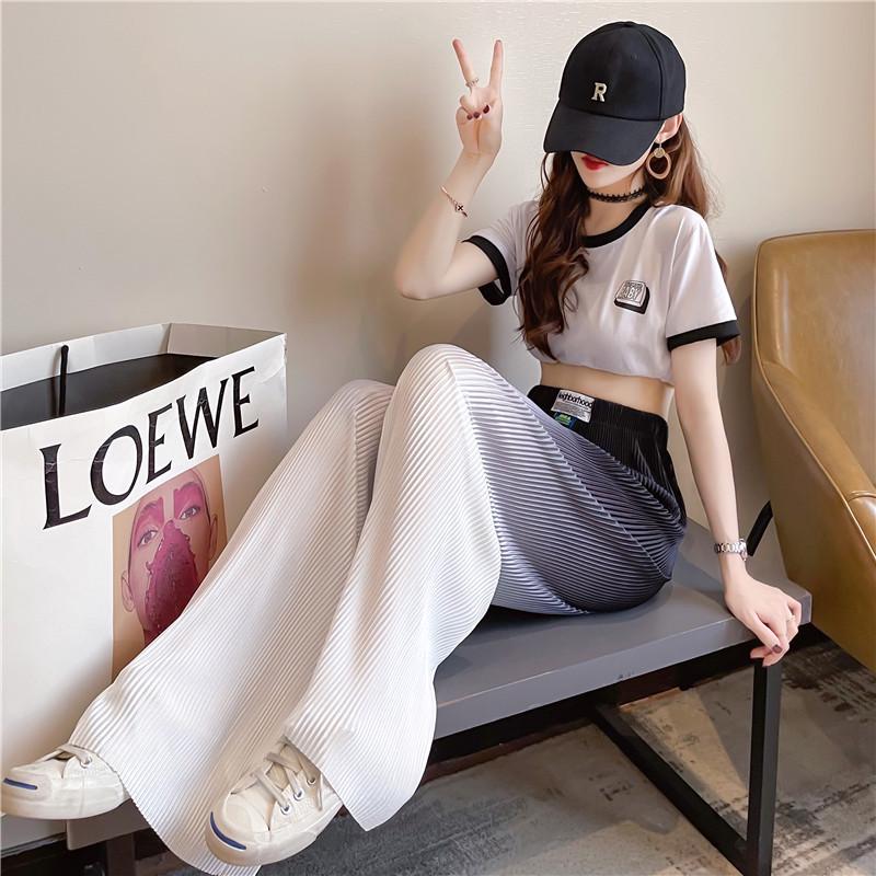 Korean Style Women's Three-Color Gradient Pleated Wide-Leg High-Waisted Floor-Length Pants