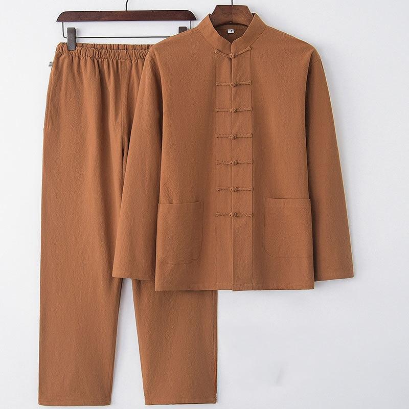 Tang Suit Men's Buddhist Chinese Style Chinese Style Clothing Cotton Linen Suit Ancient Style Two-piece Spring and Autumn Lay Clothes Elastic Waist