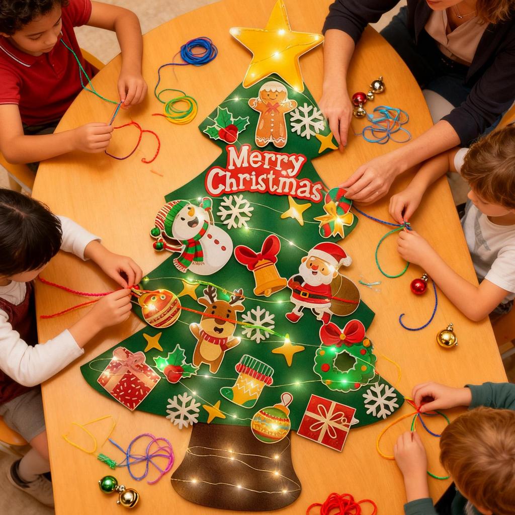 Toddler Felt Christmas Tree with 9.8ft Light String LED Pendant Felt Wall Christmas Tree for Bedroom Nursery Outdoor Indoor