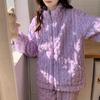 Cozy Flannel Pajama Set for Women Casual Stand Collar Long Sleeve Top with Pants Solid Color Knit Sleepwear Adult Fall/Winter Warm Loungewear