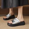 Krazing Pot Cow Skin Summer Size 40 Outside Slippers Thick Bottom Flat Platform Pleated Decoration Women Flip Flops Sandals