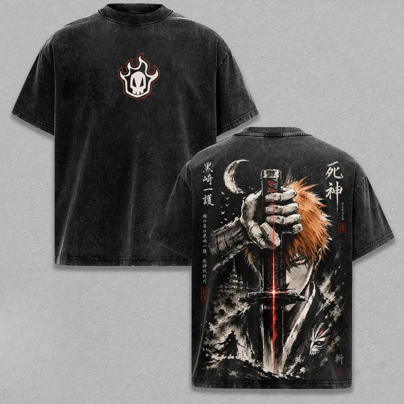 BLEACH Kurosaki Ichigo Bedrucktes Streetwear Herren Damen Vintage Gewaschenes T-Shirt Übergroßes Baumwoll-T-Shirt Kurzarm Freizeitkleidung