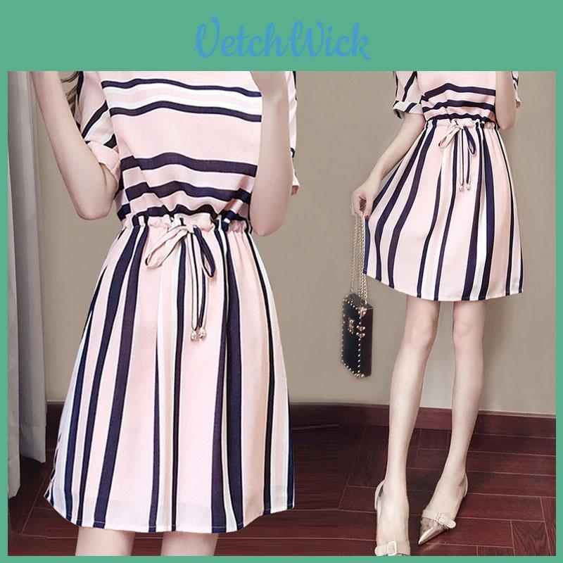 Elegant And Timeless Women Fashion Short Sleeve Casual Dress With Classic Stripes