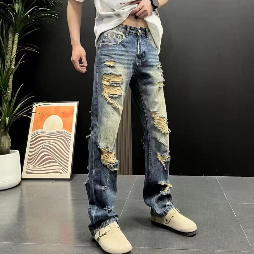 Summer New Trendy Brand High Waist Thin Ripped Jeans Men's Trend Loose Straight Beggar Pants Ruffian Handsome