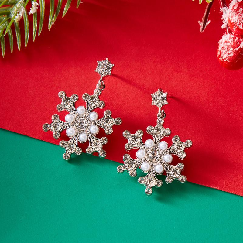 Shiny Snowflake Stud Earrings  Zircon Pearl Dangle Piercing Drop Earrings Long Tassel Earring Christmas Gifts