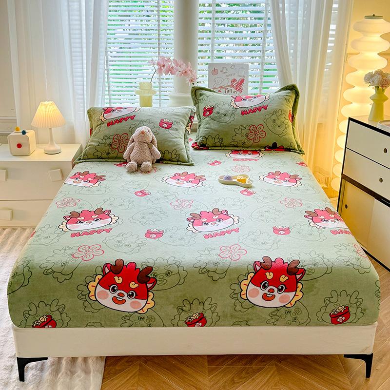 Soft Bedsheet Warmth Fitted Sheet Cartoon Style Bed Linen Velvet Bed Cover Sheets with Elastic Band Drap De Lit (No Pillowcase)