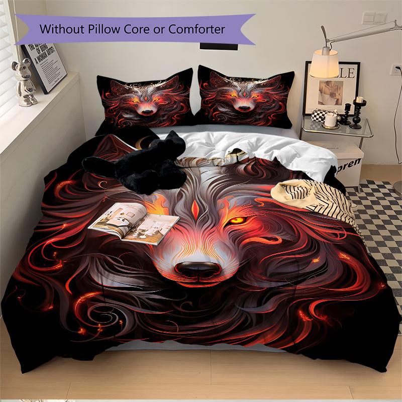 3pcs Flaming Wolf Printed Quilt Set - Includes 1 Quilt Cover and 2 Pillowcases, Machine Washable - Suitable for All Seasons.J054