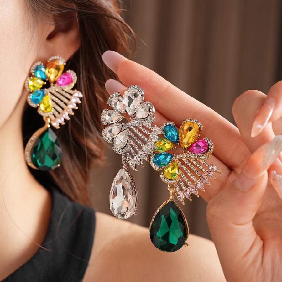 Dopamine Inlaid Rhinestone Exaggerated Flower Droplet Pendant Drop Earring for Women Medieval Exquisite Luxury Designer Zircon