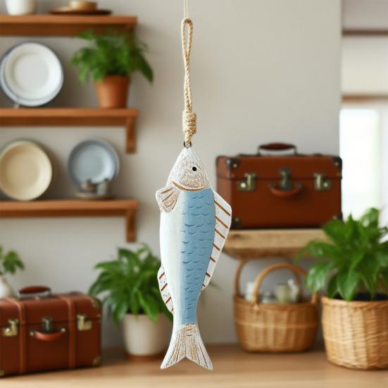 Mediterranean Vintage Wooden Fish Decoration Farmhouse Rustic Nautical Home Restaurant Wall Art Fish String Hanging Ornament Pendant