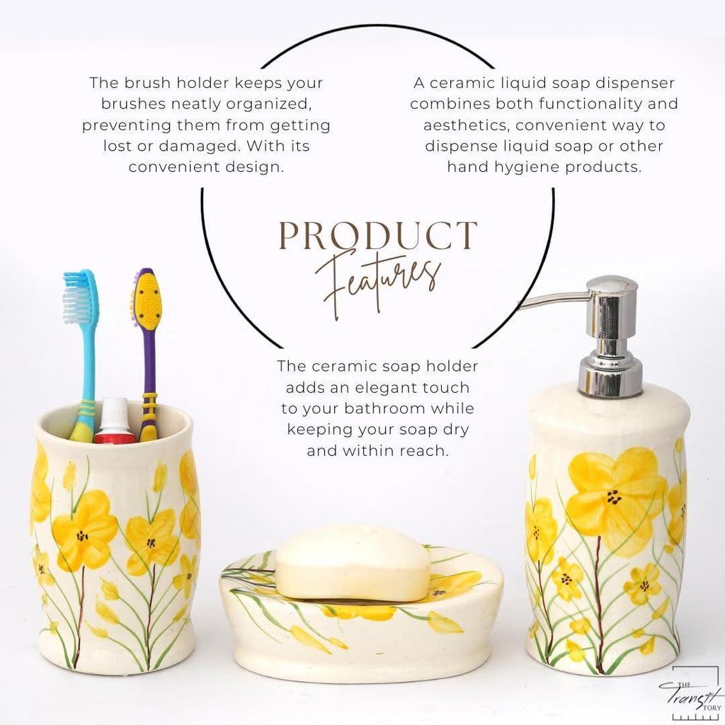 Keramiska Badrumstillbehör Set om 3 | Modernt Handmålat Badset med 300ml Tvåldispenser, Tandborsthållare & Tvålkopp | Badrumsartiklar