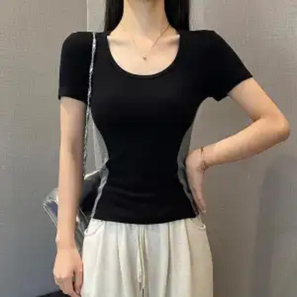Color-blocking Spliced American-style Shoulder-first Summer New Short-sleeved T-shirt for Women Slim Design Base Top