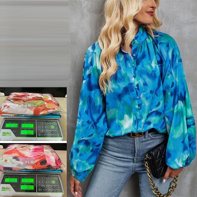 Camisa com estampa floral para mulheres, gola alta, manga comprida, camisa com botões, casual, moda outono, saia solta, respirável, leve e confortável