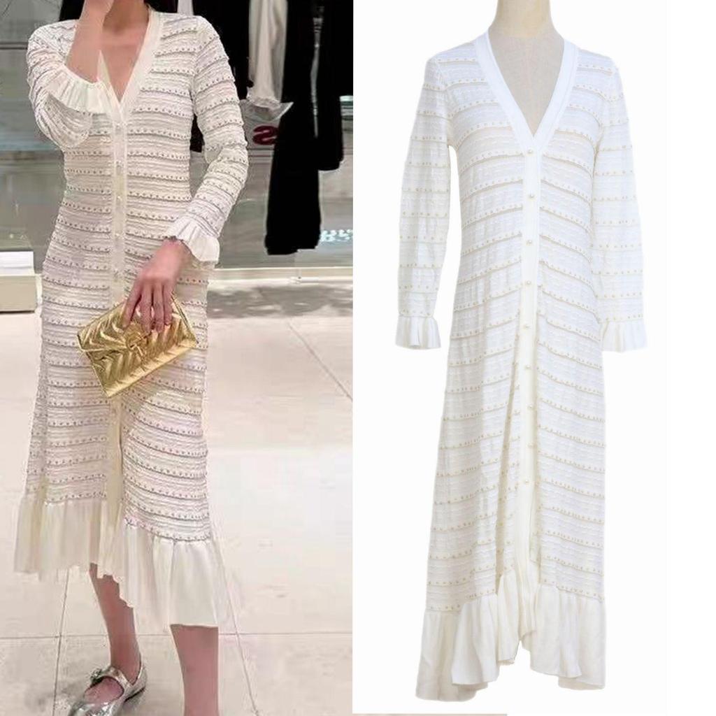 French-Inspired Elegant V-Neck Long-Sleeve Knit Dress - Spring & Autumn Collection for Women