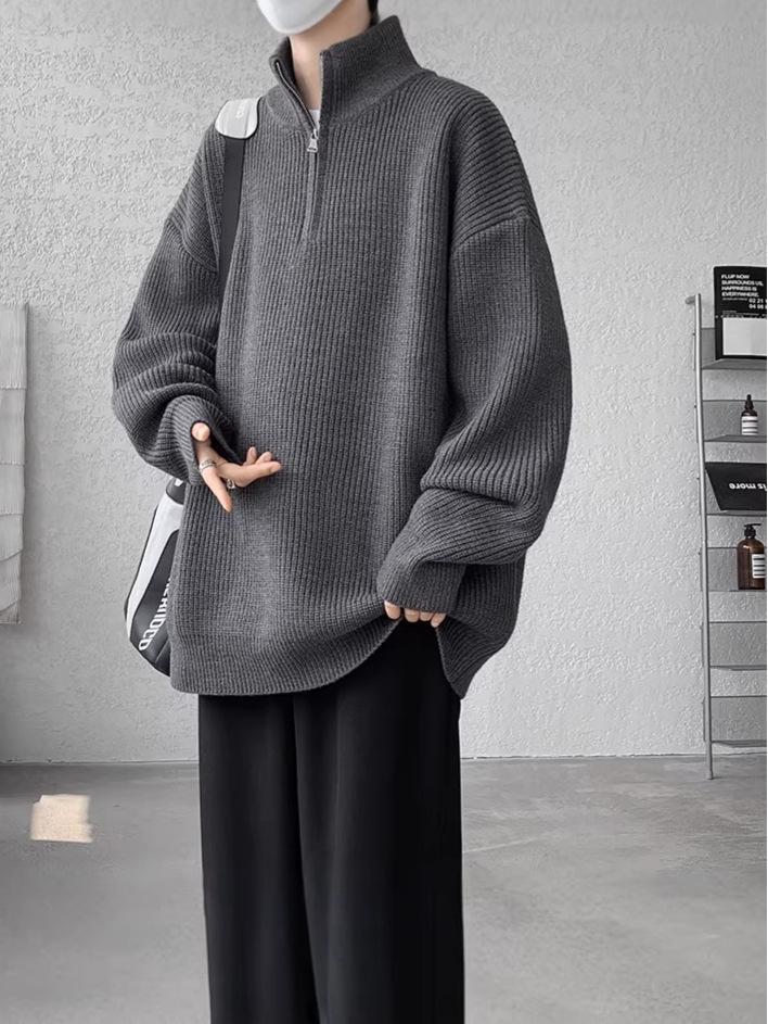 Men's Korean Style Loose Lapel Half-Zip Knit Sweater - Solid Color Pullover