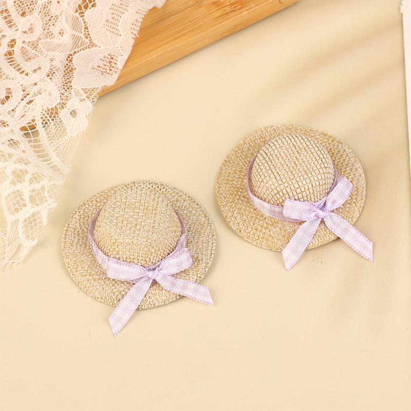 

2Pcs Miniature Straw Hat Mini Doll Straw Hats With Bow Hat Doll House Ornament Hand Weaved Dollhouse Accessories фиолетовый