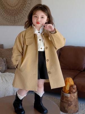 Girls' Casual Mid-Length Trench Coat - Spring/Autumn Korean Style with Lapel Collar In Solid Color