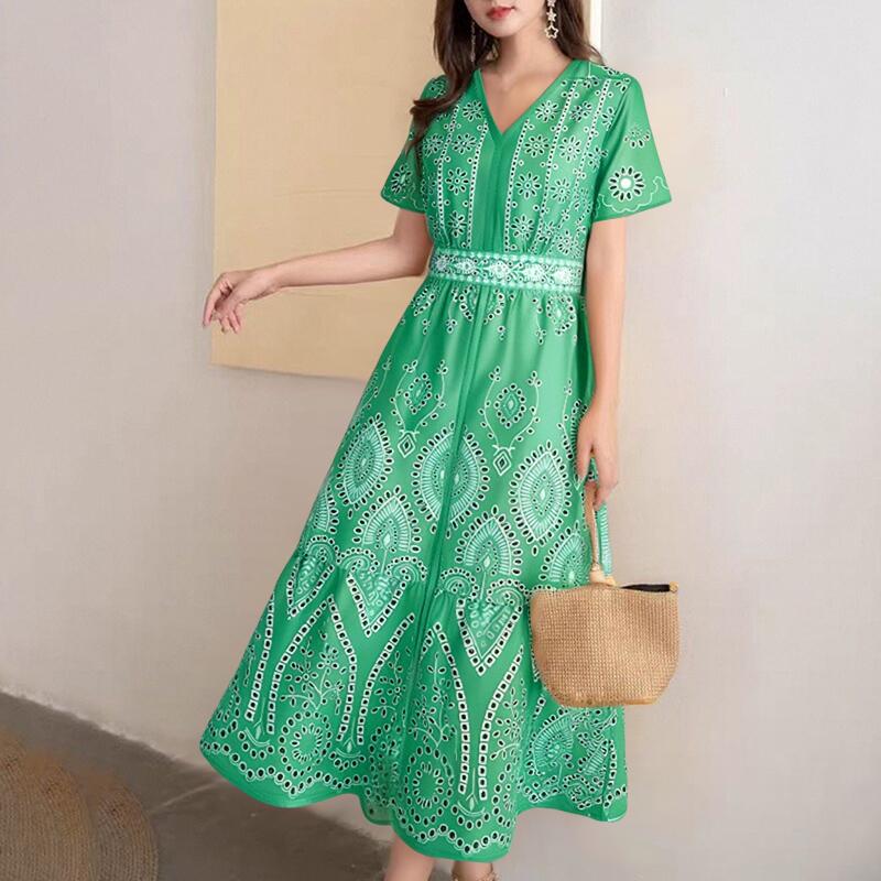 

ZANZEA Women Elegant V-Neck Printing Casual Short Sleeve Long Dress S зелений