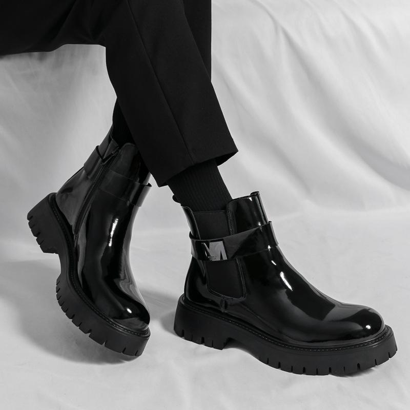 Men's Shiny Round Toe High Top Chelsea Boots with Zipper & Thick Sole - Autumn/Winter Fashion, British Motorcycle Style, Dr. Martens Inspired.