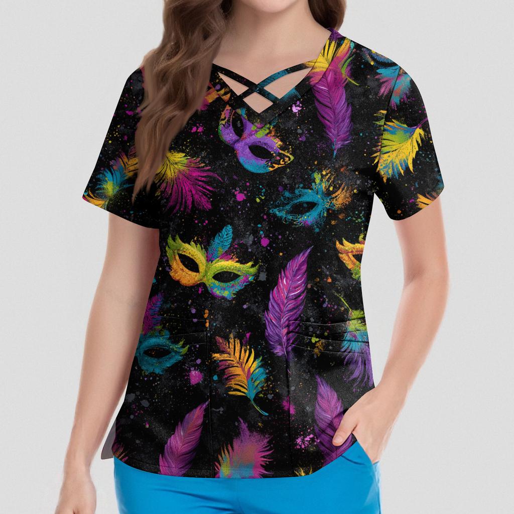 Dam Kortärmad Stagger V-ringad Tryck Ficka Torr-Topp