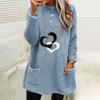 Heart Print Pocket Plush Hoodie - Women’s Long Sleeve Round Neck Loose Fit