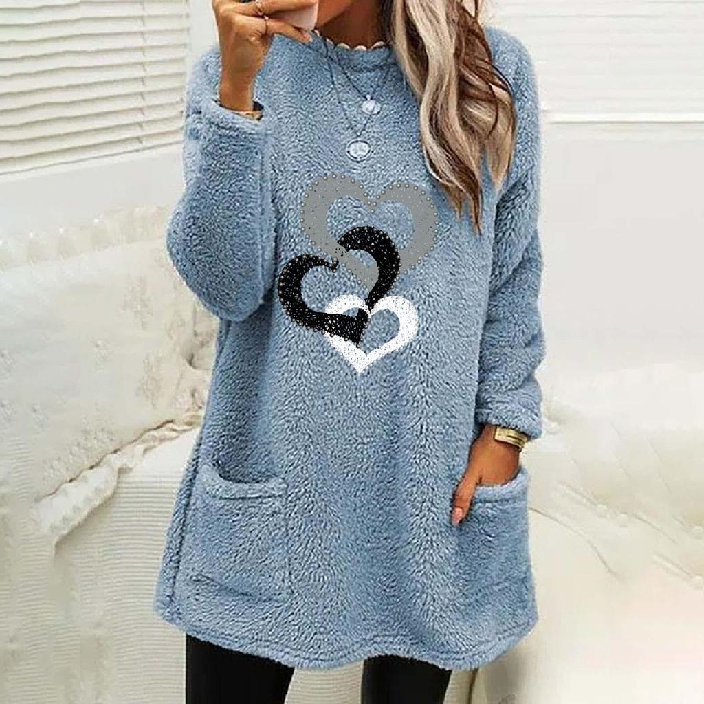 Heart Print Pocket Plush Hoodie - Women’s Long Sleeve Round Neck Loose Fit