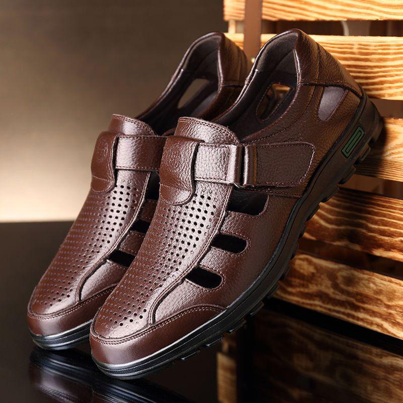 Sandalias de Conducción de Cuero de Suela Blanda para Hombre - Business Casual, Diseño Hueco para Mediana Edad y Ancianos