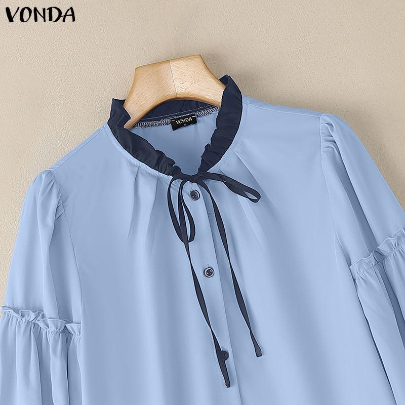 VONDA Women Casual Lace-up Neck Long Sleeve Stitching Solid Color Loose Blouse