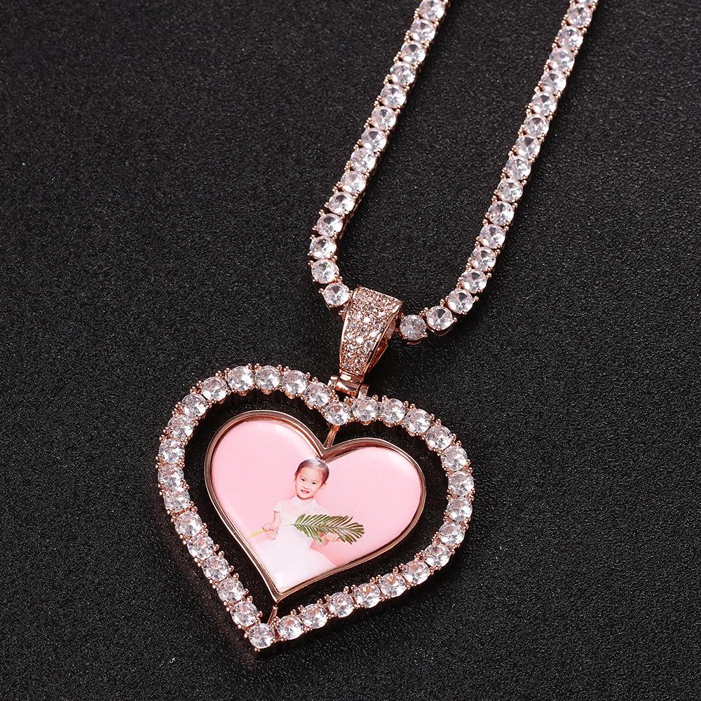 Rotatable Double-Sided Heart Photo Pendant Necklace with Zirconium Inlay - Yunyi Jewelry