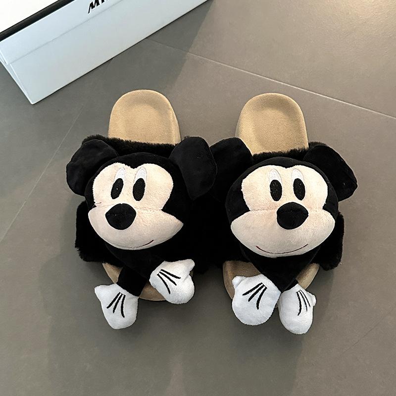 One-word Three-dimensional Mickey Thick-soled Fluffy Slippers Autumn and Winter Fashion Cartoon Outer Wear Warm Girls Half-towed Cotton Slippers