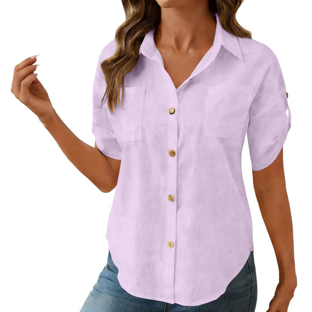 Women's Fashion Casual -Colour Short-Sleeved Buttoned Pocket Cardigan T-Shirt Top