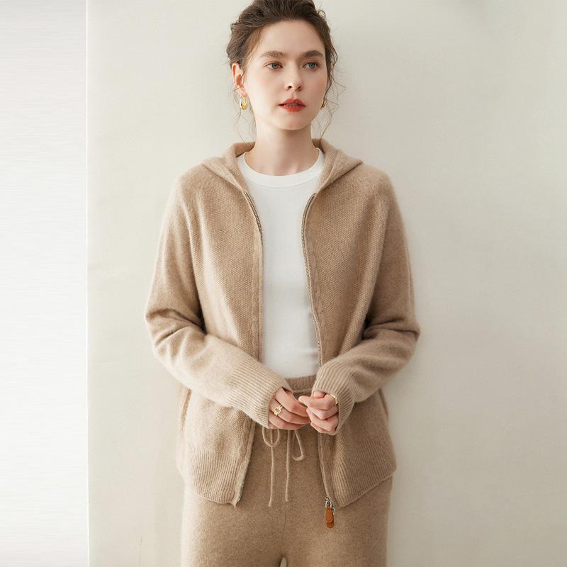 Women's 2026 Autumn/Winter Cashmere Hooded Sweater: Gentle Style Double Zipper Jacket