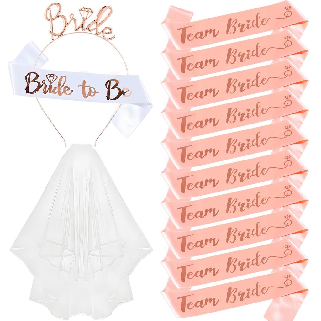 13-Piece Bachelorette Party Set: Metal Crown, Headband, Veil, Sash, Bride & Bridesmaid Gifts