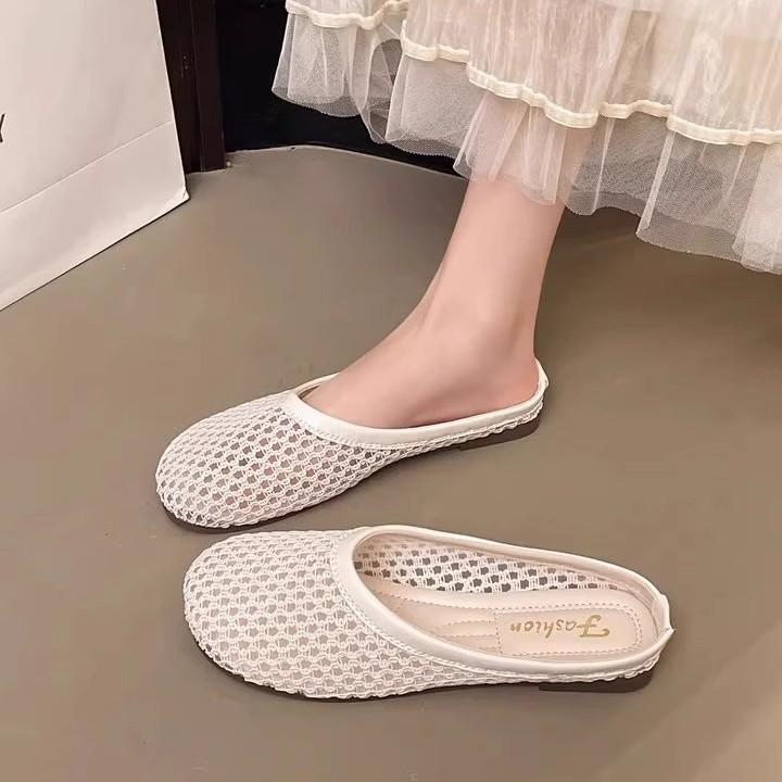 Large Size Women's Shoes Niche Design Sense Fishing Net Rhinestone Breathable Bag Head Half Slippers Women's Skirt Flat Bottom Square Head Sandals