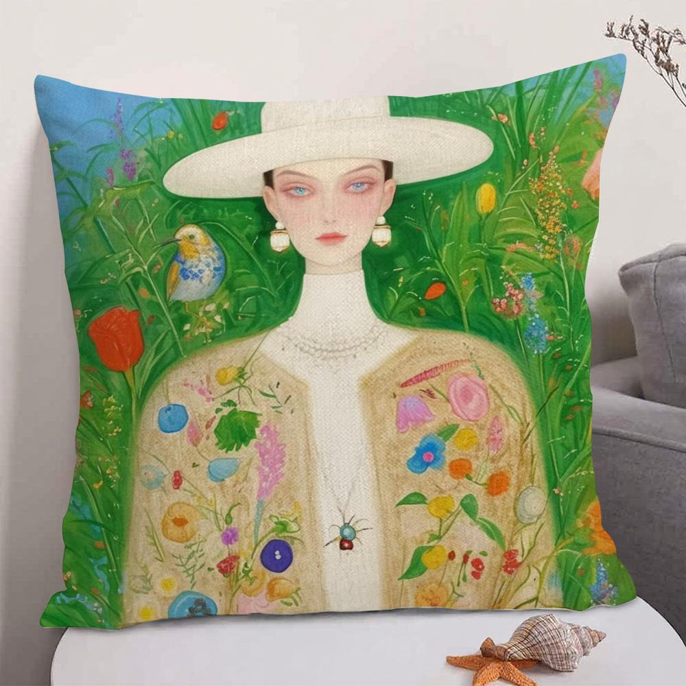 1PC Fashion Illustration Cushion Cover Natural Linen Organic Fabric DoubleSided Printing Sofa Home Decor Gift Pillow Case