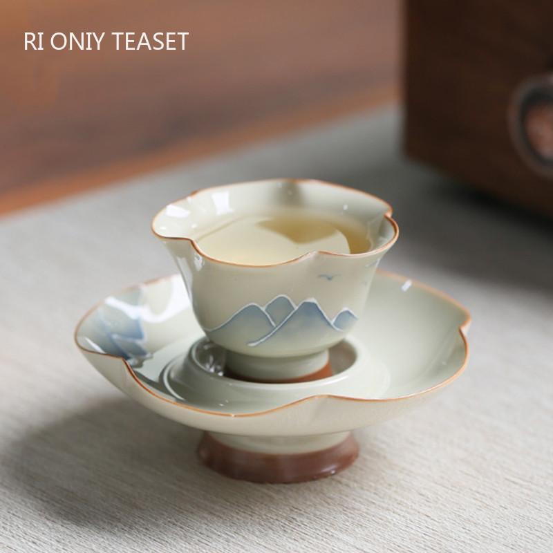 

Chinese Ceramic Tea Cup with Coaster Hand-painted Landscape Tea Bowl Handmade Porcelain Teacup Travel Personal Teaware 40ml 40ml