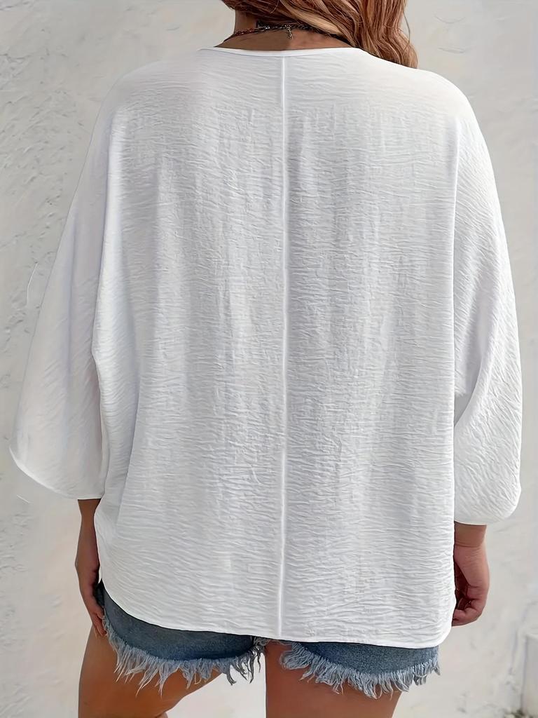 Spring/Autumn 2025 Women's V-neck Ice Silk Wrinkled Cardigan, Solid Color, Three-Quarter Sleeve, Loose Fit