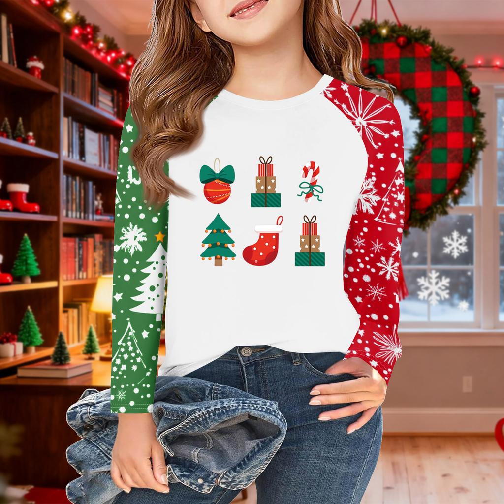 Girls Long Sleeve Christmas Day T Shirts Kids Fall Tops Crewneck Basic Tees 5-14Y