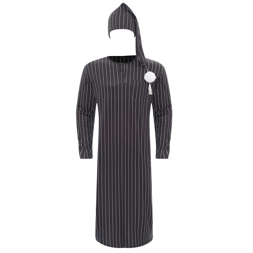 Mens Striped Nightgown Robe with Hat Long Sleeve Full Length Pompom Trim Adjustable Sleep Cap Arabian Pajamas