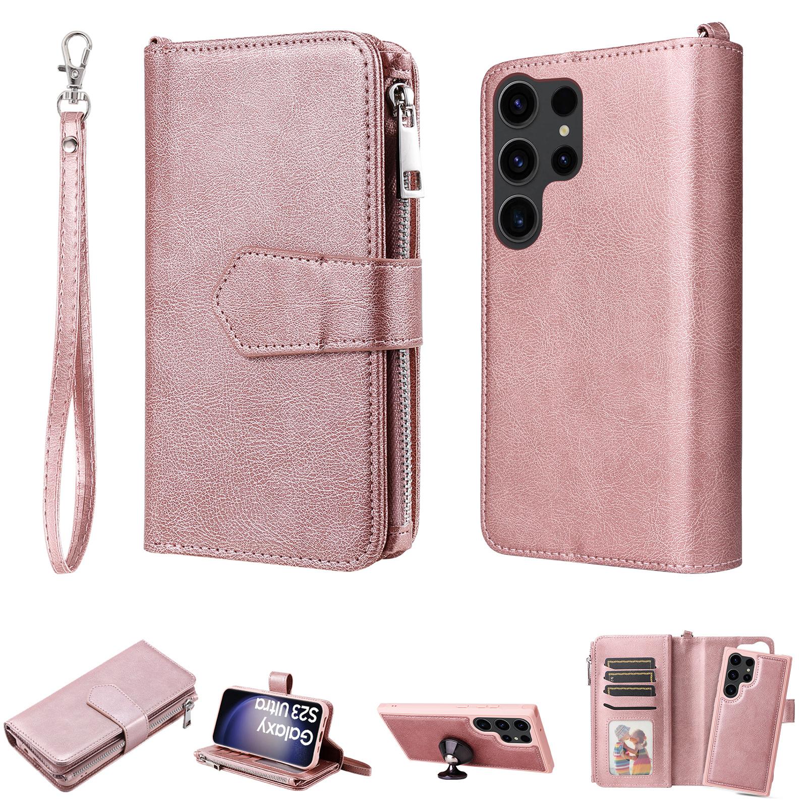

KT Multi-functional Series-4 Zipper Wallet Phone Case for Samsung Galaxy S23 Ultra,PU Leather Stand Detachable Flip Cover Rose Gold