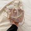 Floral Lace Drawstring Bucket Bag, Pearl Decor Handle, Metal Chain Strap, Chinese Style Small Crossbody Purse, Elegant Women Evening Handbag