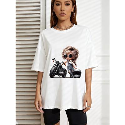 T-Shirt Bianca con Stampa Ragazza in Moto per Uso Casual