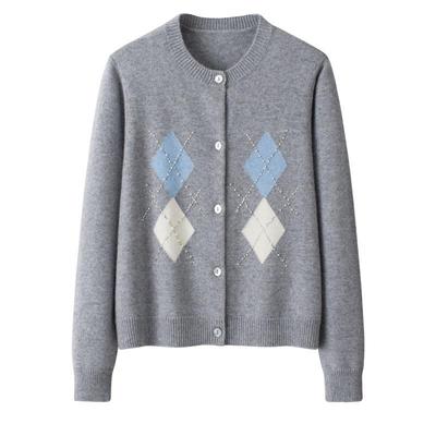 Diamond Pattern Knit Cashmere Cardigan with Beads