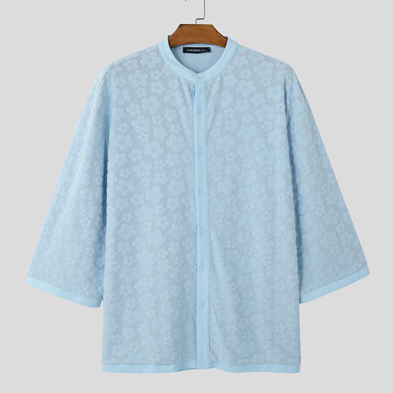 

INCERUN Мужские рубашки туники с рукавом 3/4, на пуговицах, с цветочным принтом, повседневные, свободного кроя 5XL синий