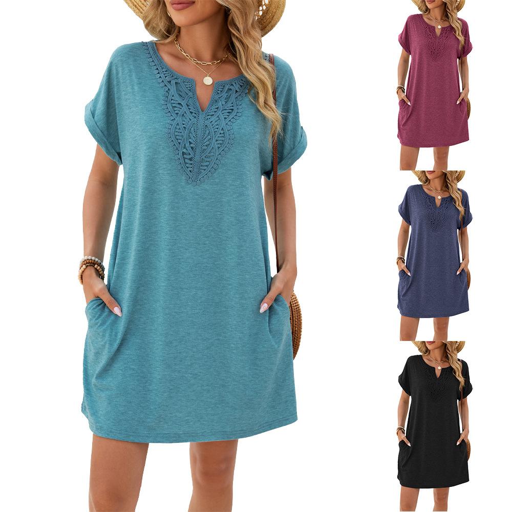 Women's V Neck Lace Panel Short Sleeve Tunic Dress Loose Fit Casual Solid Color Mini Dress With Side Pockets