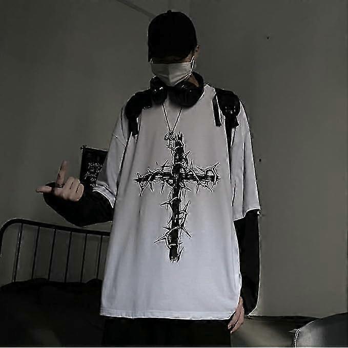 Herren Damen Gothic Shirt Y2K Emo Grunge Alt Vintage Langarm Top T-Shirt Dark Academia Harajuku Kreuz Sweatshirt Kleidung