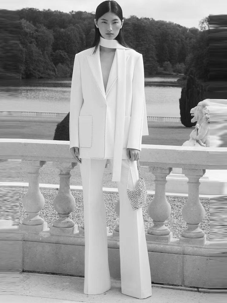2026 High Street Spring Fashion: Rhinestone Suit Jacket & Trousers Scarf Set for Women