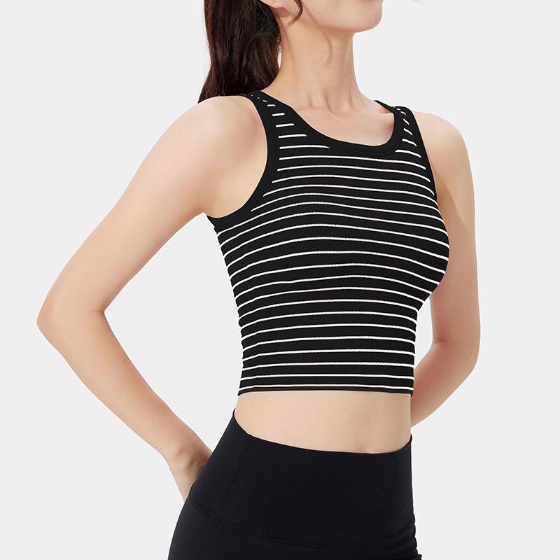 Women's Spring/Summer Slim Fit Striped Tank Top with Chest Pads - Round Neck Camisole Bra
