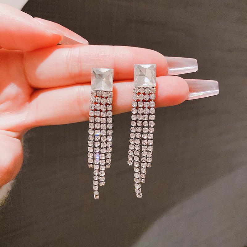 952 Silver Needle Zirconia Long Tassel Stud Earrings - Elegant and Sophisticated Women's Accessories