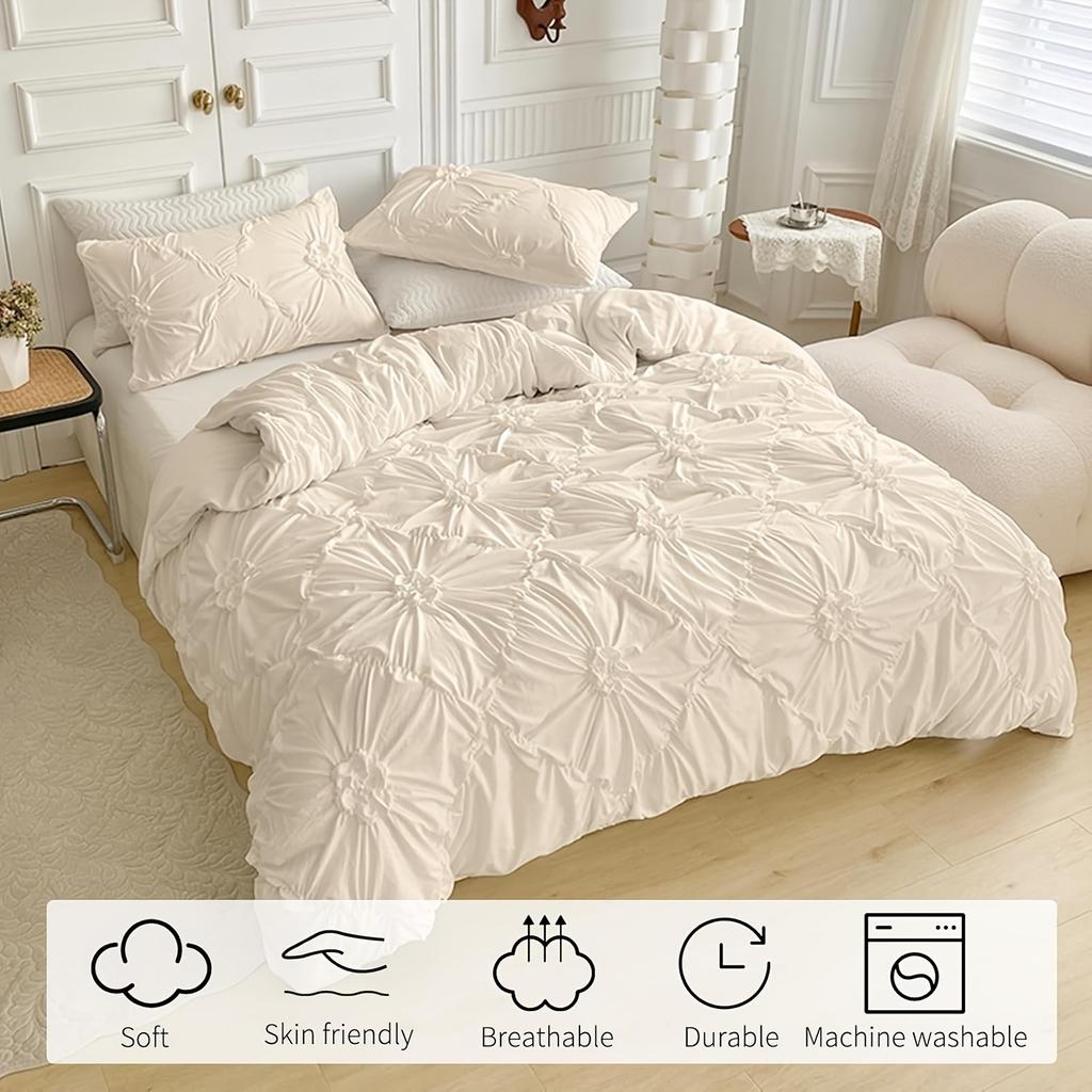 Beige Dreidimensionale Blume Bettbezug-Set Queen-Size Weiches Bettwäsche-Set Böhmisch Einfarbig Steppdeckenbezug-Set für Alle Jahreszeiten